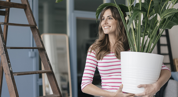 Woman holding potted plant in her new home